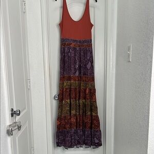 Anthropologie Red and Purple Patterned Maxi Dress